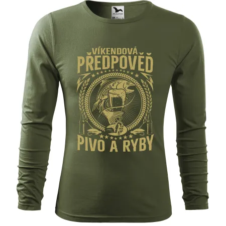 Pánské khaki tričko s dlouhým rukávem – Víkendová předpověď - Pivo a ryby