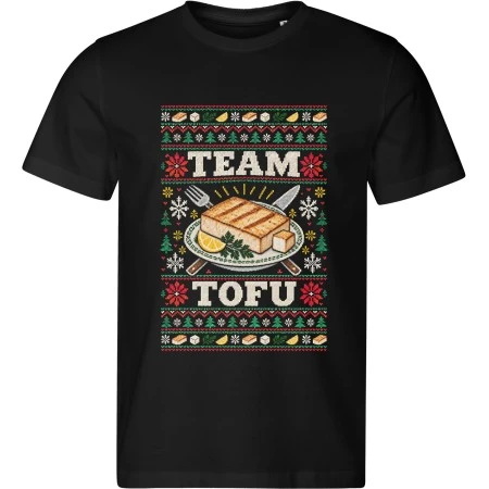 Černé pánské tričko Malfini 813 s vánočním potiskem TEAM TOFU a grilovaným tofu na talíři