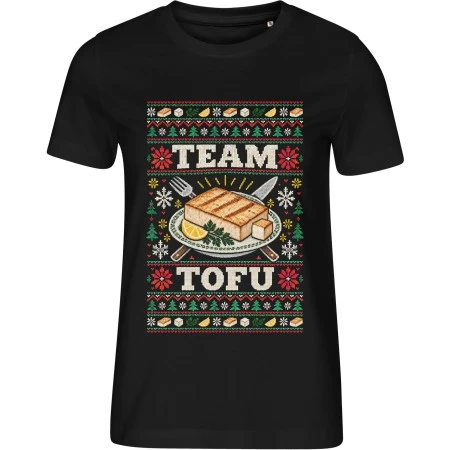 Černé dámské tričko Malfini 814 s vánočním potiskem TEAM TOFU a grilovaným tofu na talíři