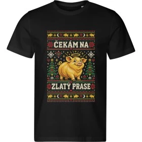 Pánské černé tričko Malfini Edge 813 s vánočním potiskem Čekám na zlatý prase