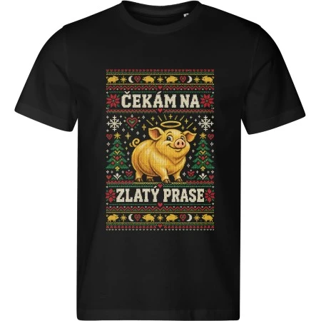 Pánské černé tričko Malfini Edge 813 s vánočním potiskem Čekám na zlatý prase