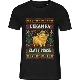 Dámské černé tričko Malfini Edge 814 s vánočním potiskem Čekám na zlatý prase