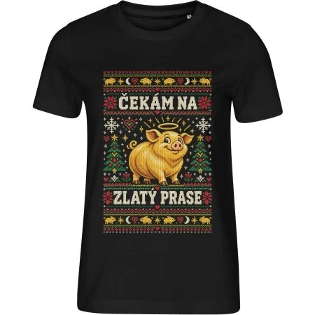 Dámské černé tričko Malfini Edge 814 s vánočním potiskem Čekám na zlatý prase