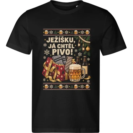 Pánské černé tričko Malfini Edge 813 s vánočním potiskem Ježíšku, já chtěl pivo!