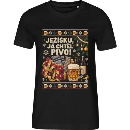 Dámské černé tričko Malfini Edge 814 s vánočním potiskem Ježíšku, já chtěl pivo!