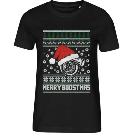 Dámské černé tričko s vánočním motivem Merry Boostmas – vánoční turbo