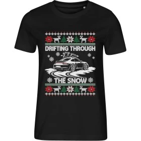 Dámské černé tričko s vánočním motivem Drifting Through the Snow – Porsche 911
