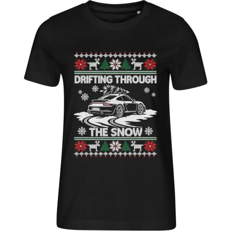 Dámské černé tričko s vánočním motivem Drifting Through the Snow – Porsche 911