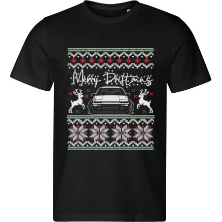 Pánské černé tričko s vánočním motivem Merry Driftmas – auto mezi vánočními soby