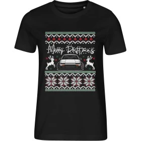 Dámské černé tričko s vánočním motivem Merry Driftmas – auto mezi vánočními soby