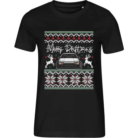 Dámské černé tričko s vánočním motivem Merry Driftmas – auto mezi vánočními soby