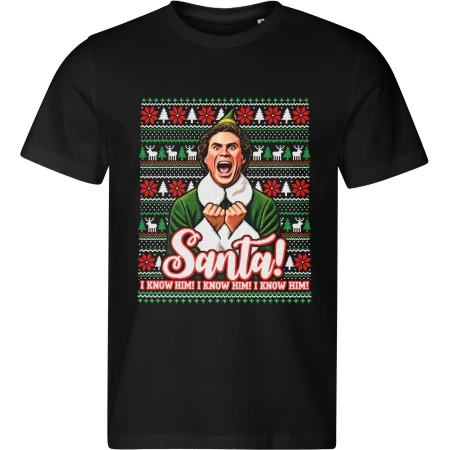Pánské černé tričko s vánočním motivem Elf – Santa! I Know Him