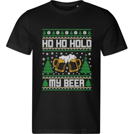 Pánské černé tričko s vánočním motivem Ho Ho Hold My Beer – vánoční pivo