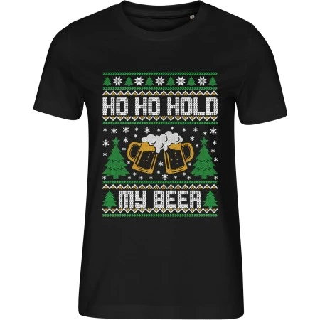 Dámské černé tričko s vánočním motivem Ho Ho Hold My Beer – vánoční pivo