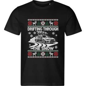 Pánské černé tričko s vánočním motivem Drifting Through the Snow – auto se stromkem
