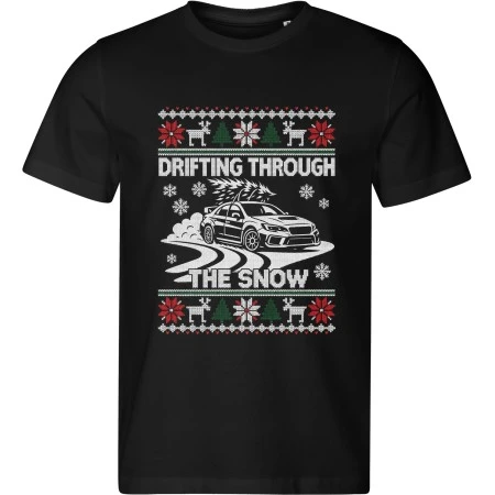 Pánské černé tričko s vánočním motivem Drifting Through the Snow – auto se stromkem