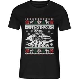 Dámské černé tričko s vánočním motivem Drifting Through the Snow – auto se stromkem