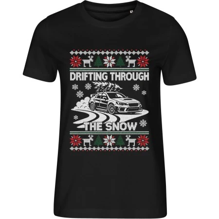 Dámské černé tričko s vánočním motivem Drifting Through the Snow – auto se stromkem