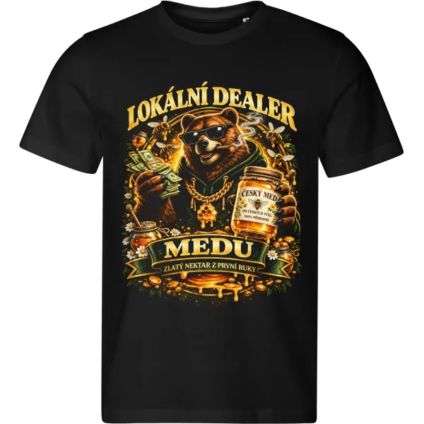 Pánské tričko Lokální dealer medu s medvědem – vtipné tričko pro včelaře – černé tričko Malfini 813 s upraveným motivem