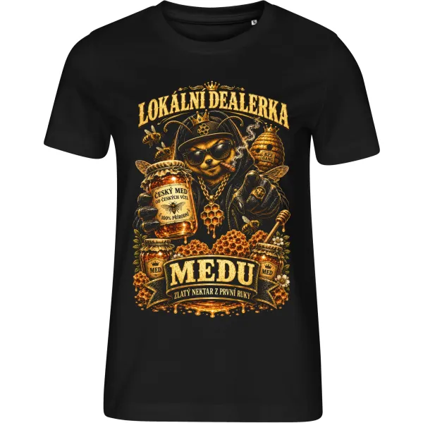 Dámské tričko Lokální dealerka medu se včelou – černé tričko Malfini Edge 814 s výrazným potiskem