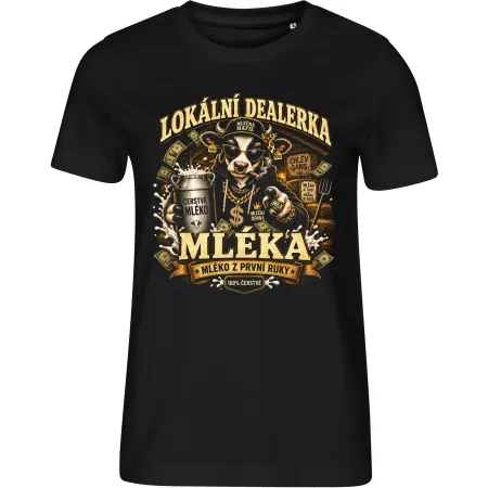 Dámské tričko Lokální dealerka mléka – černé tričko Malfini Edge 814 s výrazným potiskem