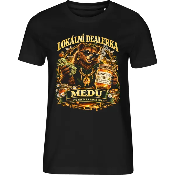 Dámské tričko Lokální dealerka medu s medvědicí – černé tričko Malfini Edge 814 s výrazným potiskem