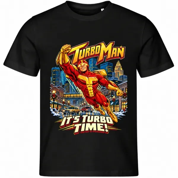 Pánské tričko Turbo Man – It's Turbo Time! – Rolničky, kam se podíváš – černé tričko
