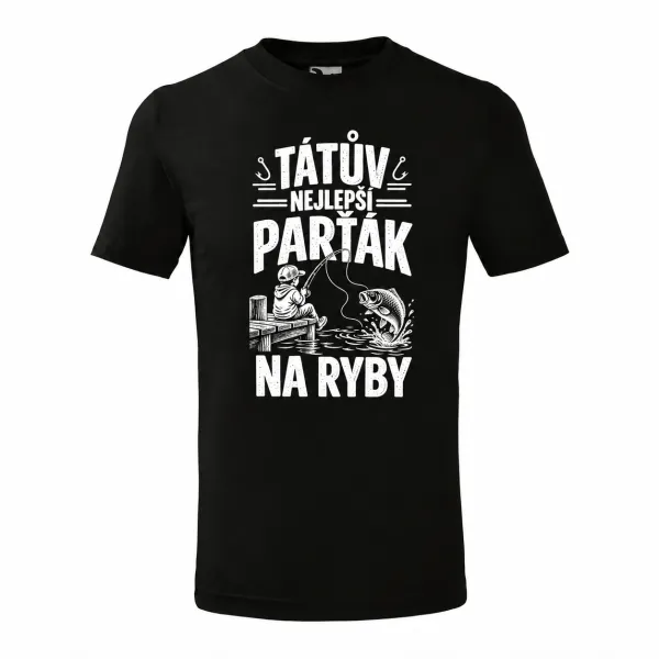 Černé dětské tričko Tátův nejlepší parťák na ryby s bílým potiskem