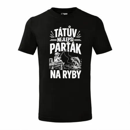 Černé dětské tričko Tátův nejlepší parťák na ryby s bílým potiskem