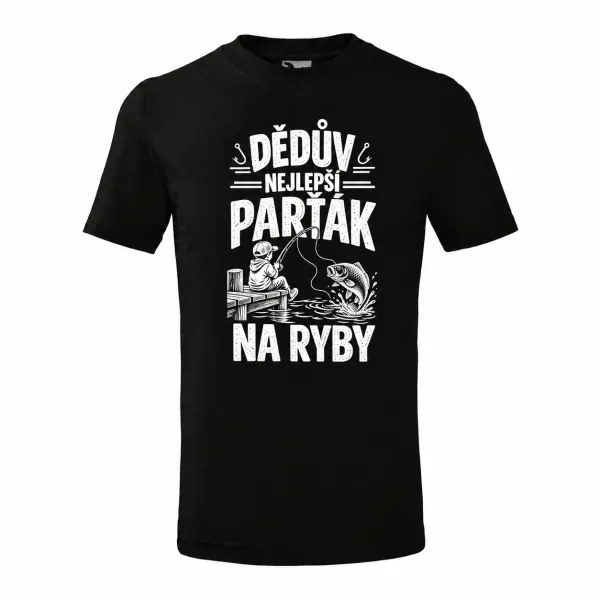 Černé dětské tričko Dědův nejlepší parťák na ryby s bílým potiskem