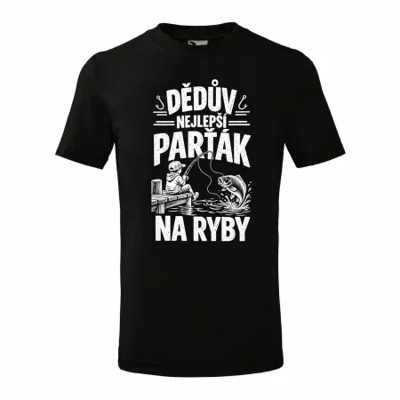 Černé dětské tričko Dědův nejlepší parťák na ryby s bílým potiskem