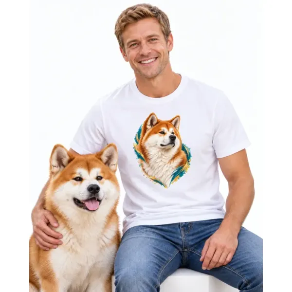 Pánské tričko Akita inu – bílé na muži se psem