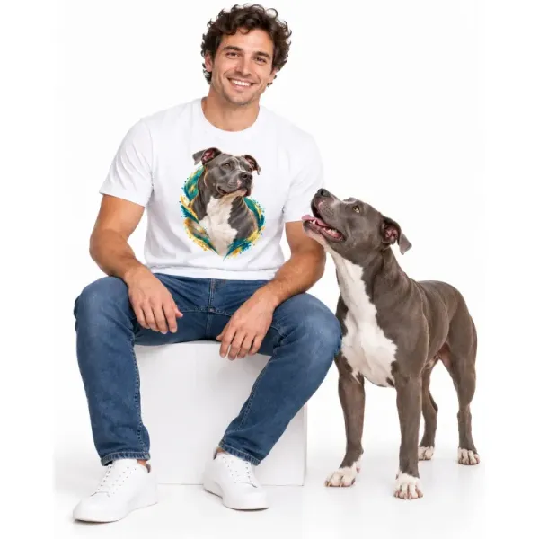 Pánské tričko Americký pitbulteriér – bílé na muži se psem