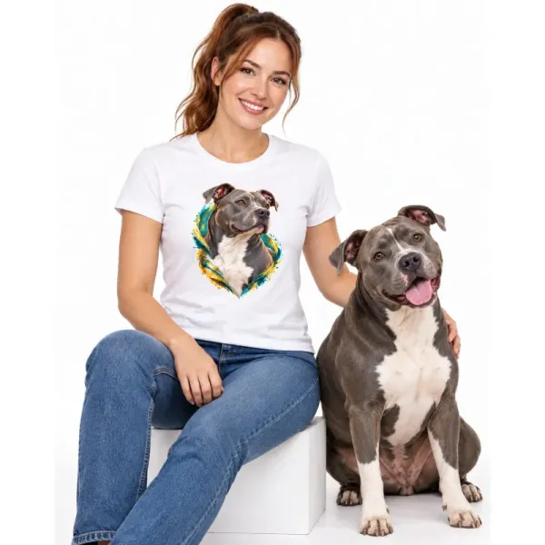 Dámské tričko Americký pitbulteriér – bílé na ženě se psem