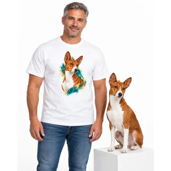 Pánské tričko Basenji – bílé na muži se psem
