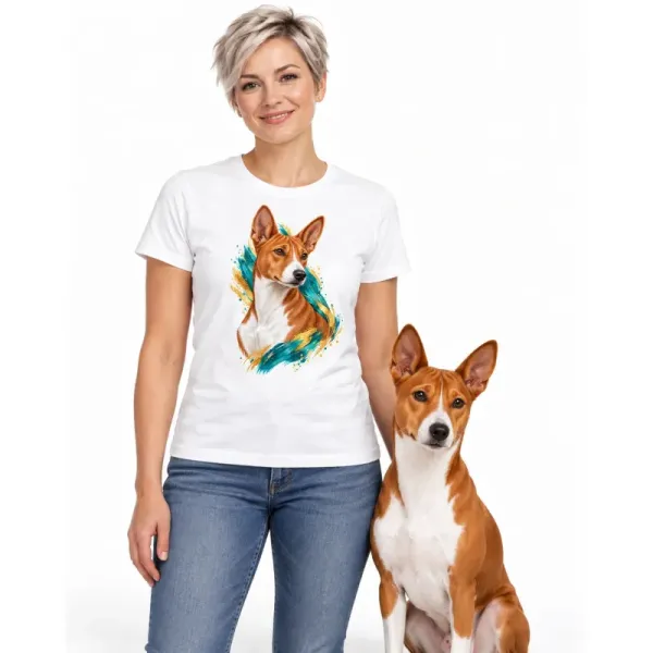 Dámské tričko Basenji – bílé na ženě se psem