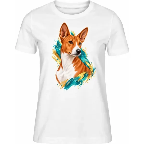 Dámské tričko Basenji – bílé – samostatné tričko s barevným portrétem