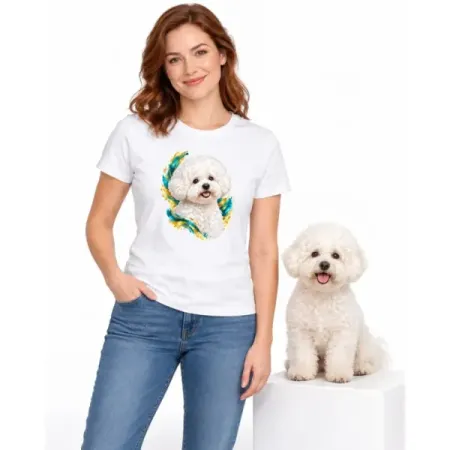 Dámské tričko Bichon frisé – bílé na ženě se psem