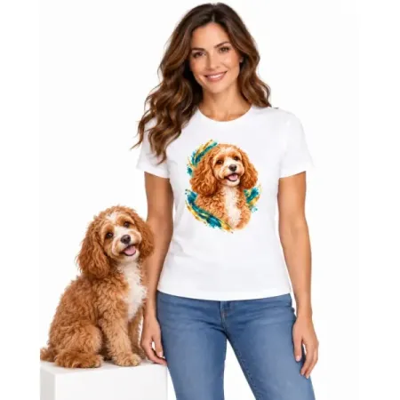Dámské tričko Cavapoo – bílé na ženě se psem