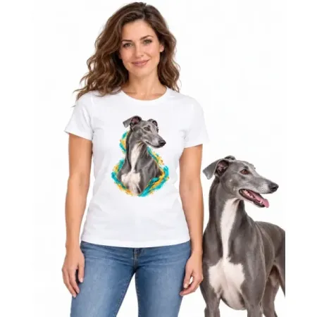 Dámské tričko Greyhound (Anglický chrt) – bílé na ženě se psem