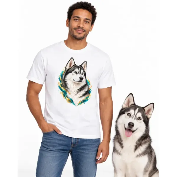 Pánské tričko Husky – bílé na muži se psem