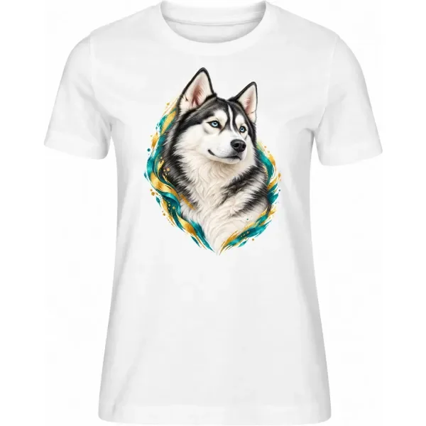 Dámské tričko Husky – bílé – samostatné tričko s barevným portrétem