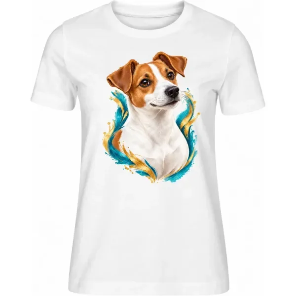 Dámské tričko Jack Russell teriér – bílé – samostatné tričko s barevným portrétem