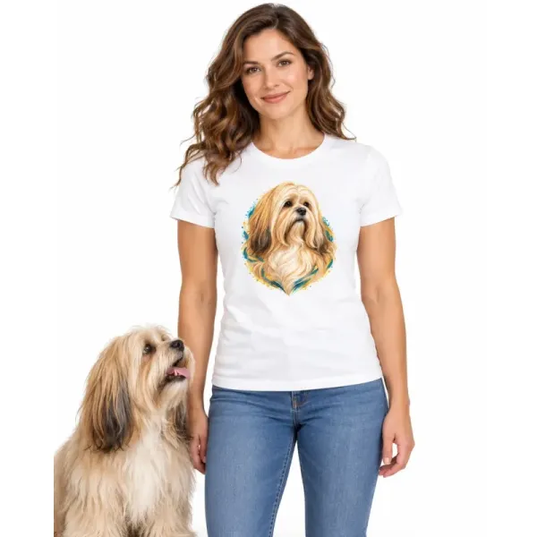 Dámské tričko Lhasa apso – bílé na ženě se psem