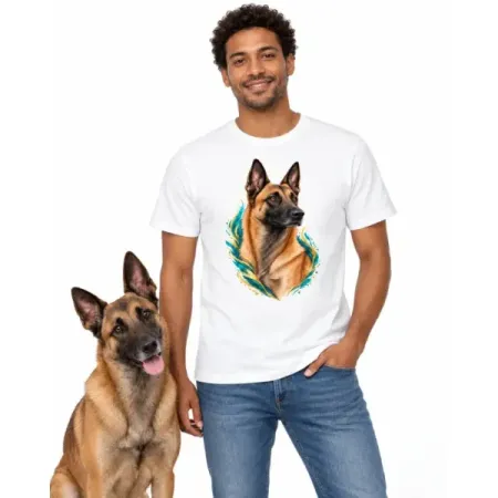 Pánské tričko Malinois (Belgický ovčák) – bílé na muži se psem