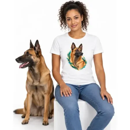 Dámské tričko Malinois (Belgický ovčák) – bílé na ženě se psem