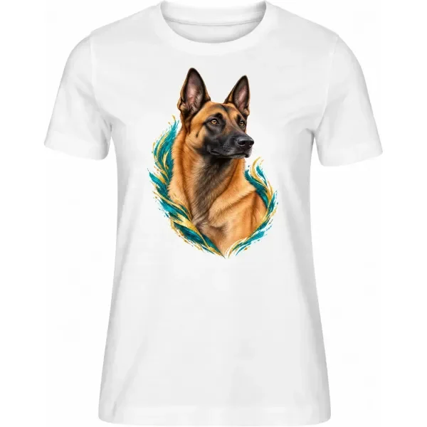 Dámské tričko Malinois (Belgický ovčák) – bílé – samostatné tričko s barevným portrétem