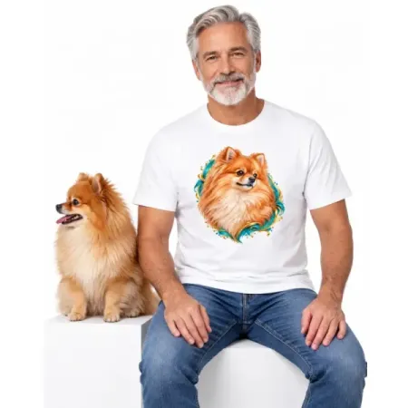 Pánské tričko Pomeranian – bílé na muži se psem