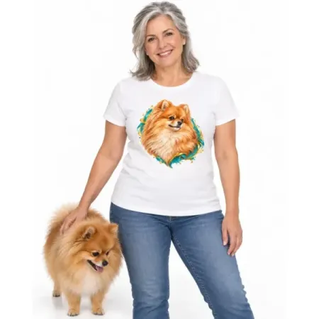 Dámské tričko Pomeranian – bílé na ženě se psem