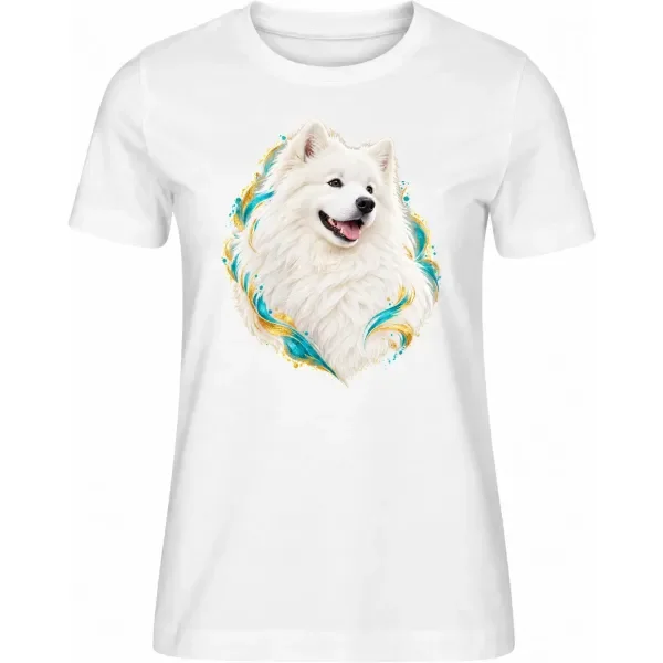 Dámské tričko Samojed – bílé – samostatné tričko s barevným portrétem